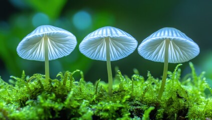 Fototapeta premium Three tiny white mushrooms on moss