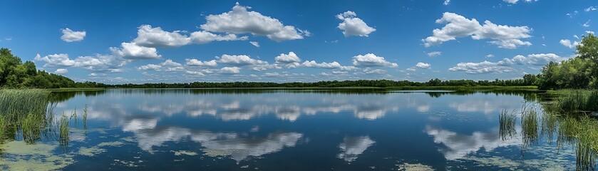 Obraz premium Serene lake panorama reflecting a vast sky.