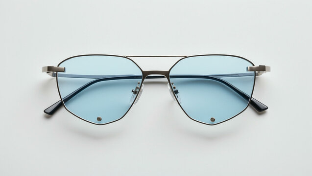 Round blue tinted glasses with thin metal frame and black temple tips, minimal style.