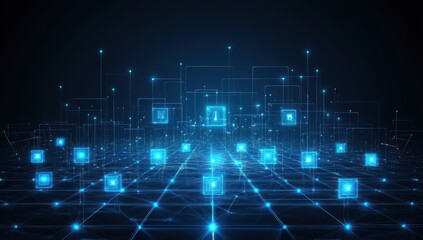 Digital network grid with glowing icons
