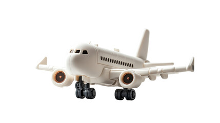 Obraz premium A white toy airplane model rests on its landing gear against a bright, clean white background studio shot.
