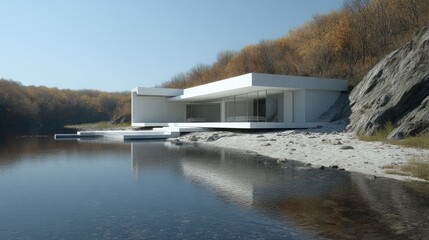 Lakeside Minimalist Modern house blends seamlessly into autumn landscape.