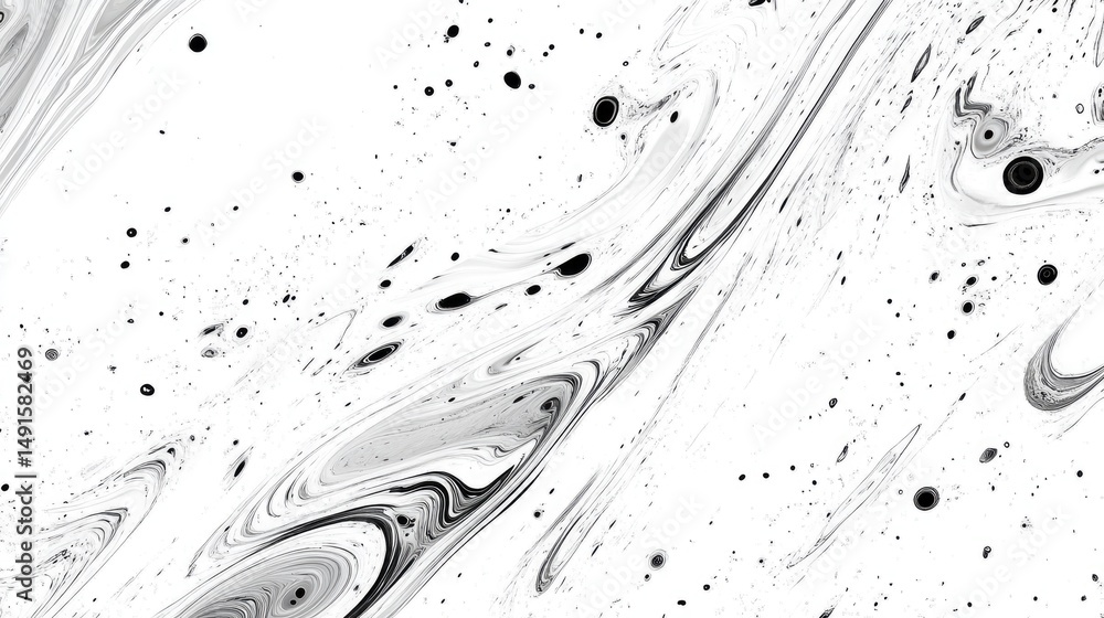 Poster abstract monochrome design with flowing patterns and scattered dots.