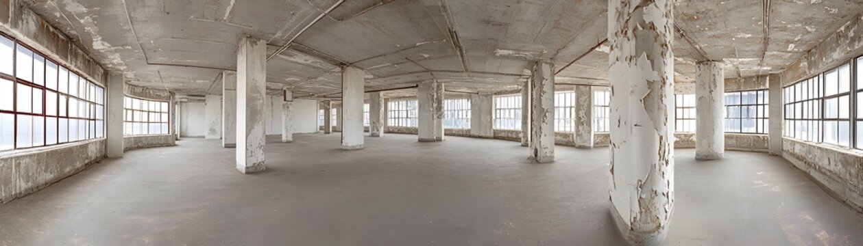 Empty interior of a large, unfinished space.