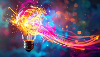 A vibrant light bulb with colorful swirls and sparks, symbolizing creativity and innovation against a dynamic background