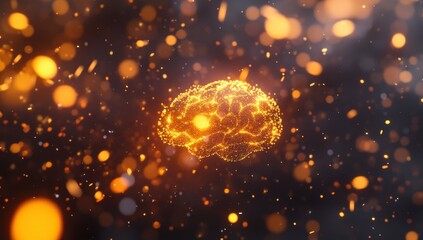 Golden brain in a fiery, digital, bokeh background