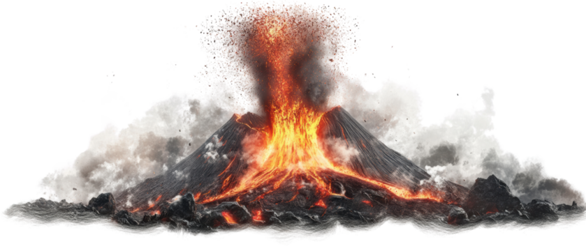 Erupting volcano with fiery lava and smoke.