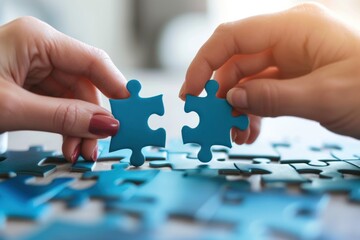 Two hands holding blue puzzle pieces together on a table with a blurred background.
