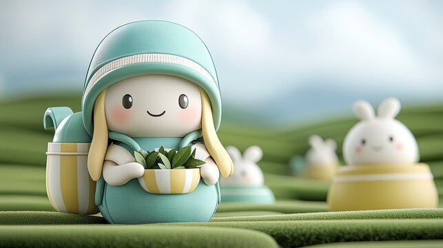 Cheerful Cartoon Girl with Teal Knitted Hat Holds Plant Pot, Two White Rabbits in Soft Green Hills Background