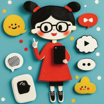 Cheerful Girl with Tablet and Playful Social Media Icons on Light Blue Background