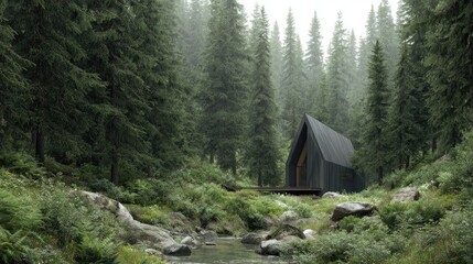 Cabin Retreat Modern AFrame in Lush Evergreen Forest Serene.