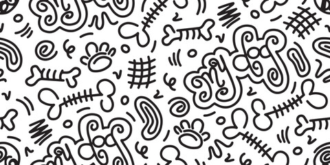 Dog Bone vector dog paw doodle Seamless pattern. Packaging paper design, pet food accessories package.
