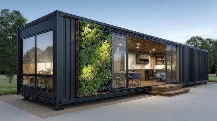 Fototapeta premium Modern Container Home Sustainable Living with Green Wall, and and Open Design.
