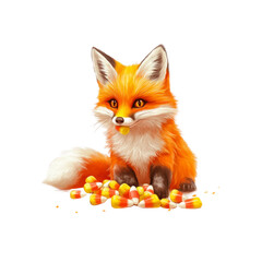 Fototapeta premium Adorable Fox Kit with Candy Corn for Halloween