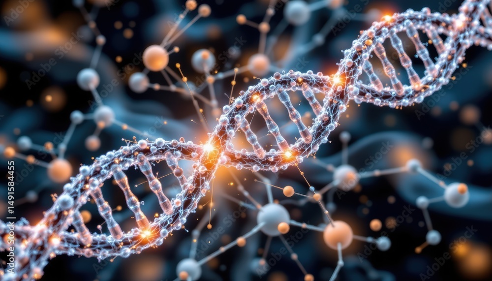 Poster abstract representation of dna double helix structure with molecular connections and light effects