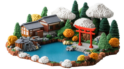 Miniature voxel landscape of a japanese village featu a torii gate and traditional house by a pond