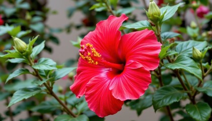 Close-Up of Vibrant Red Hibiscus Flower Blooming Among Lush Green Leaves in Tropical Garden