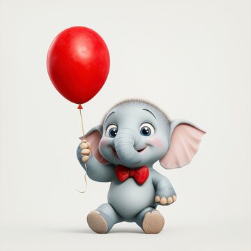Cute Cartoon Elephant Holding a Red Balloon Wearing a Red Bow Tie on White Background