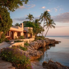Coastal Home at Sunset with Palm Trees and Ocean View in Islamorada Florida Keys; architectural exterior detail of luxury residence