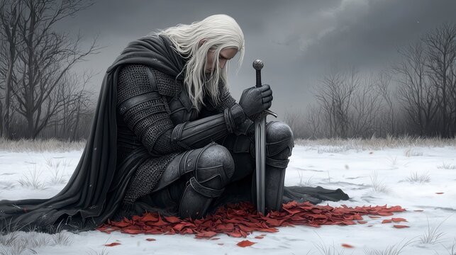 Grieving Warrior in Snowy Landscape Grayscale Illustration of a Kneeling Figure in Dark Armor Amidst Red Petals