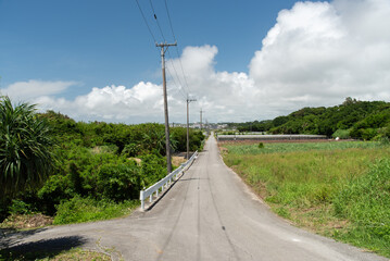 電線の影が道路にある天気の良い田舎の一直線の農道