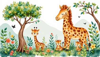 Whimsical Scene of Giraffes and Colorful Flowers in a Lush Natural Landscape