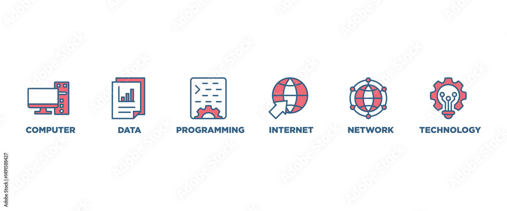 Aufkleber information technology banner web icon set vector illustration concept with icon of computer, data, 