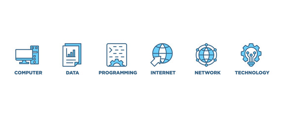 Information technology banner web icon set vector illustration concept with icon of computer, data, programming, database, internet, network, and technology icons symbol background