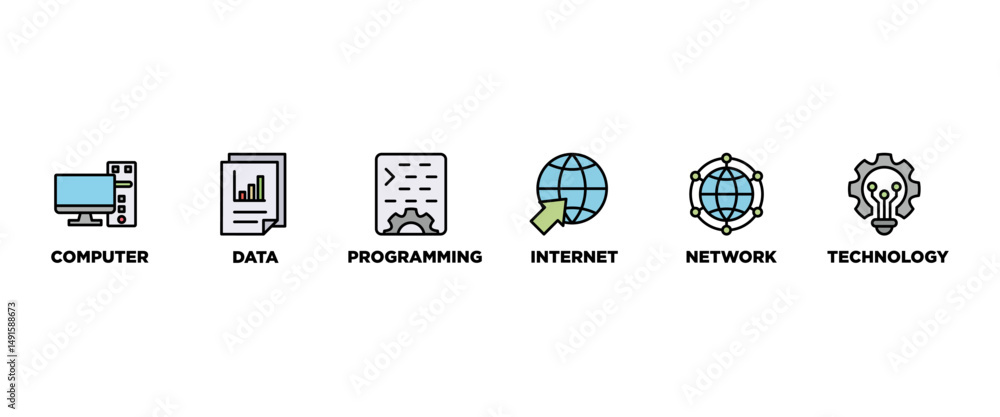 Aufkleber information technology banner web icon set vector illustration concept with icon of computer, data, 