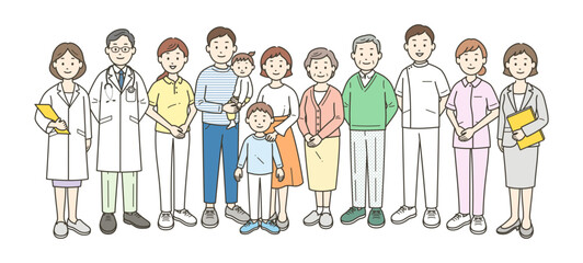 高齢者夫婦と家族と医師と看護師と介護士とケアマネージャー栄養士が集合した全身イラスト