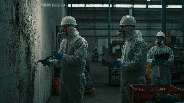 Mold inspector wearing protective gear uses a moisture meter to assess the extent of mold growth on a wall, pest inspection, mold remediation, damp wall ungus removal, industrial hygienist, 