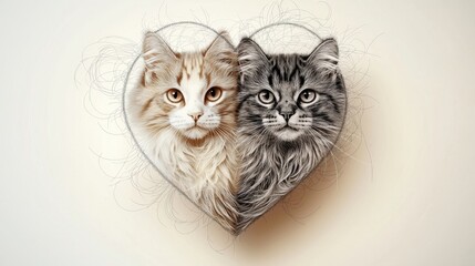 this heart shaped illustration showcases a stunning array of intricate line art, delicate fur textures, and swirling patterns that come together to form the detailed faces of cats