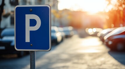 Blue Parking Sign with a White 'P' Standing Tall on a Sunny Street Lined with Parked Cars Indicating Available Parking Area