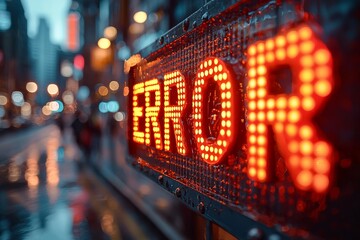Close-up of "ERROR" text on digital screen with red and orange fiery background in cinematic high-resolution style