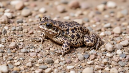 Obraz premium Close-Up Shot of a Spotted Frog Sitting on Pebbles in a Natural Outdoor Habitat