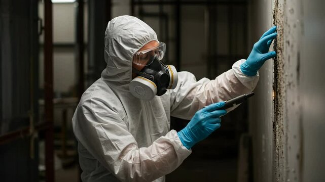 damp wall assessment Mold inspector wearing protective gear uses a moisture meter to assess the extent of mold growth on a wall, pest inspection, mold remediation, fungus removal, industrial hygienist