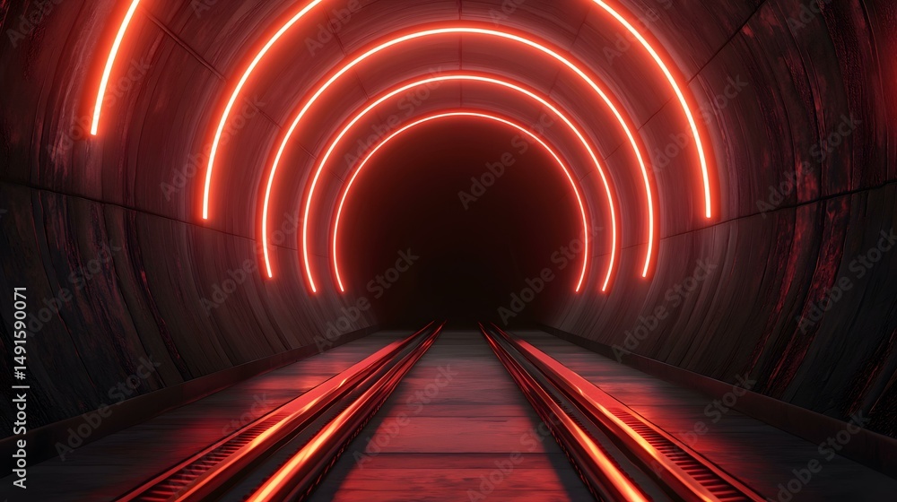 Aufkleber a dark, circular tunnel with red neon lights lining the walls and two metallic rails running down th