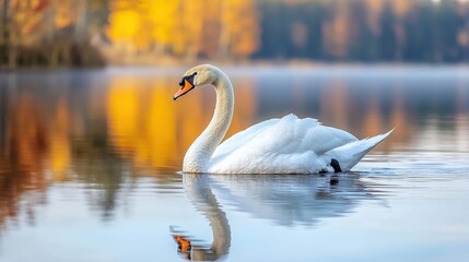 the serene image of a white swan peacefully gliding across a tranquil lake, perfectly mirrored in the glassy surface of the water.