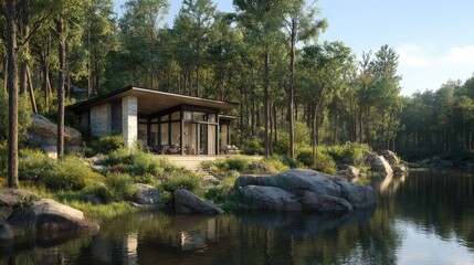 Obraz premium Lakeside Cabin Retreat Modern Home nestled in natures embrace.