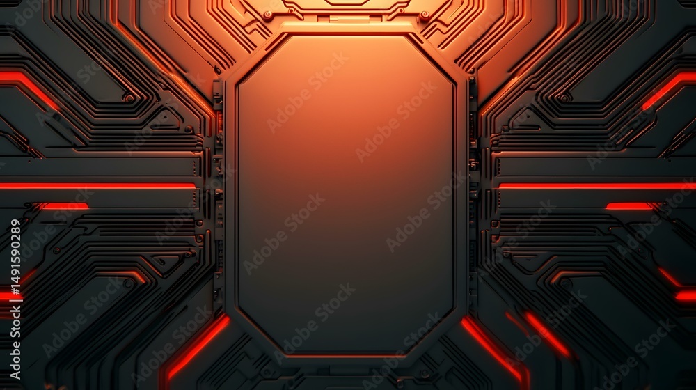 Aufkleber the image shows a dark grey metallic surface with a circuit board pattern, accented by glowing red l