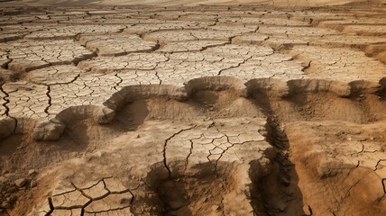 Parched earth creates a cracked, dry landscape with an arid and barren appearance under sunlight.