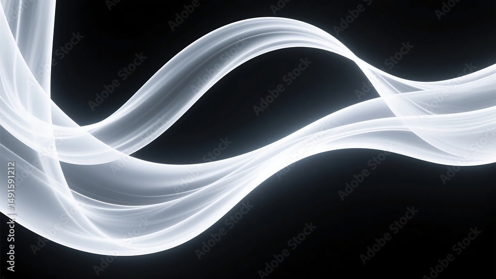 Poster black background with surreal fluid wave ribbons, suitable for minimalistic tech design or audio vis