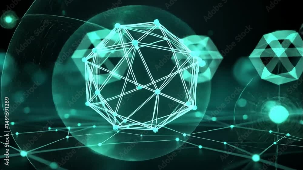 Poster abstract digital design with turquoise geometric shapes interconnected by lines