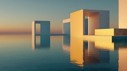 Minimalist Architecture Reflecting in Calm Water at Sunset.