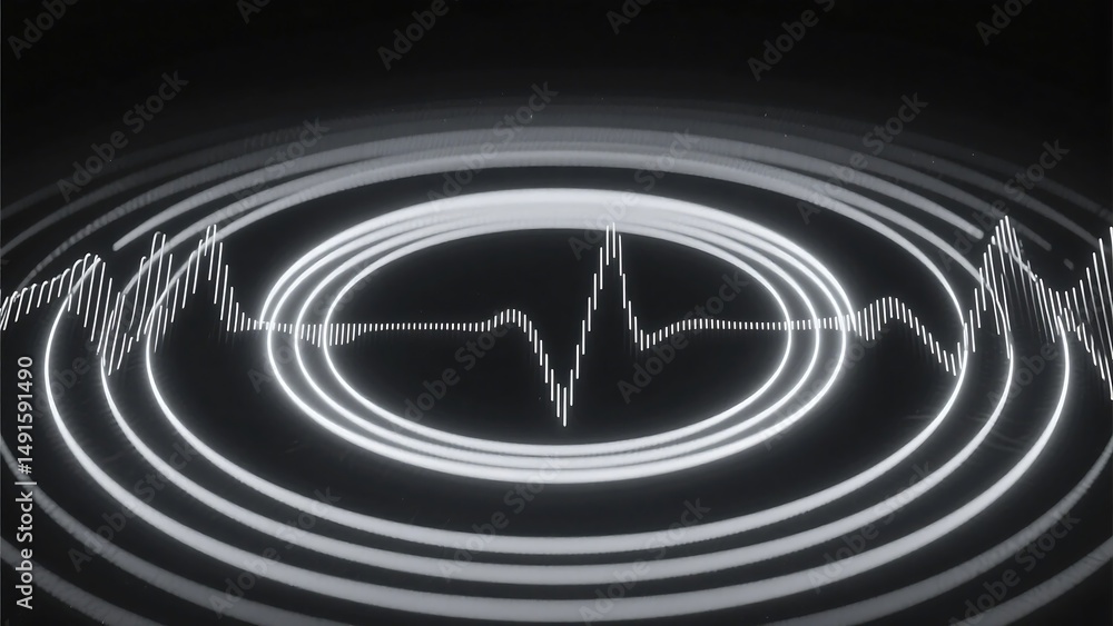 Poster black background with heart rate style waveform, suitable for health tech, audio visualization, or d