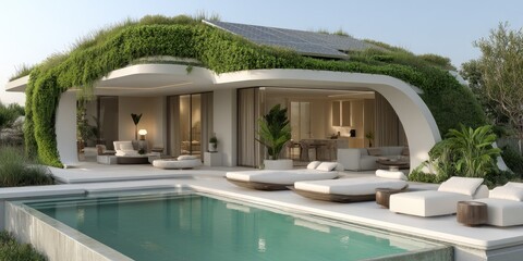 Fototapeta premium Eco Oasis Lush Green Roof Home with Poolside Relaxation.