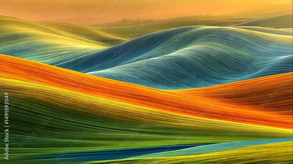 Poster abstract landscape with vibrant, flowing colors. rolling hills in a spectrum of hues, creating a dyn