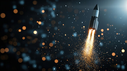 Rocket launches into space, leaving trail of bright sparks against starry night sky, symbolizing exploration and innovation