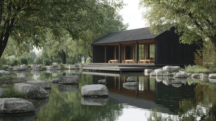 Fototapeta premium Lakeside Retreat Modern Cabin on Waters Edge with Serene Reflective.