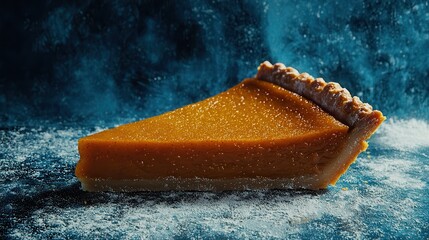 A Slice of Homemade Pumpkin Pie on Dark Background